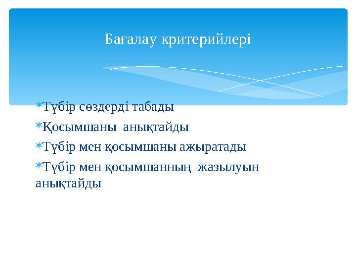 Бағалау критерийлері  Түбір сөздерді табады  Қосымшаны анықтайды  Түбір мен қосымшаны ажыратады  Түбір мен қосымшанның жаз