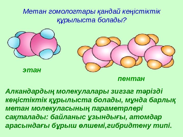 Метан гомологтары қандай кеңістіктік құрылыста болады? этан пентан Алкандардың молекулалары зигзаг тәрізді кеңістіктік құрылыс