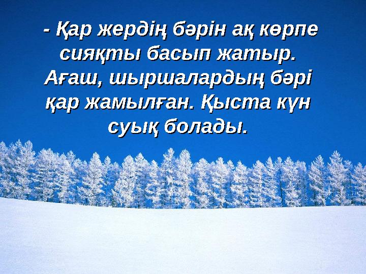- Қар жердің бәрін ақ көрпе - Қар жердің бәрін ақ көрпе сияқты басып жатыр. сияқты басып жатыр. Ағаш, шыршалардың бәрі А