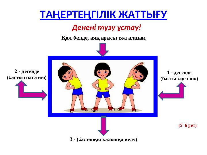 ТАҢЕРТЕҢГІЛІК ЖАТТЫҒУ Қол белде, аяқ арасы сәл алшақ 2 - дегенде (басты солға ию) 3 - (бастапқы қалыпқа келу) (5- 6 р