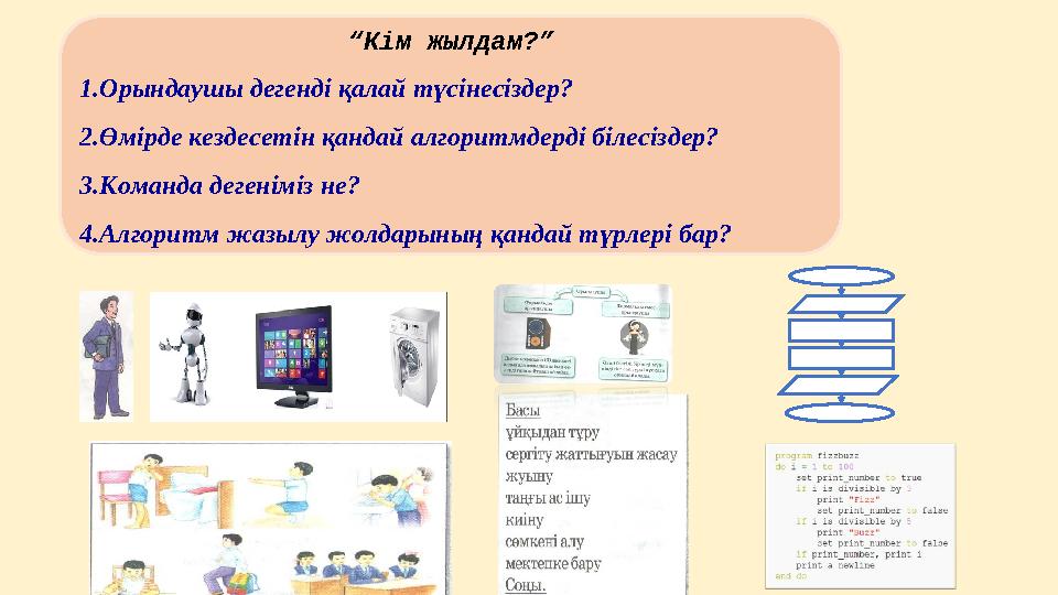 “ Кім жылдам?” 1. Орындаушы дегенді қалай түсінесіздер? 2. Өмірде кездесетін қандай алгоритмдерді білесіздер? 3. Команда дегенім