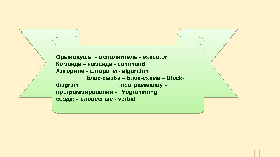 Орындаушы – исполнитель - executor Команда – команда - command Алгоритм - алгоритм - algorithm