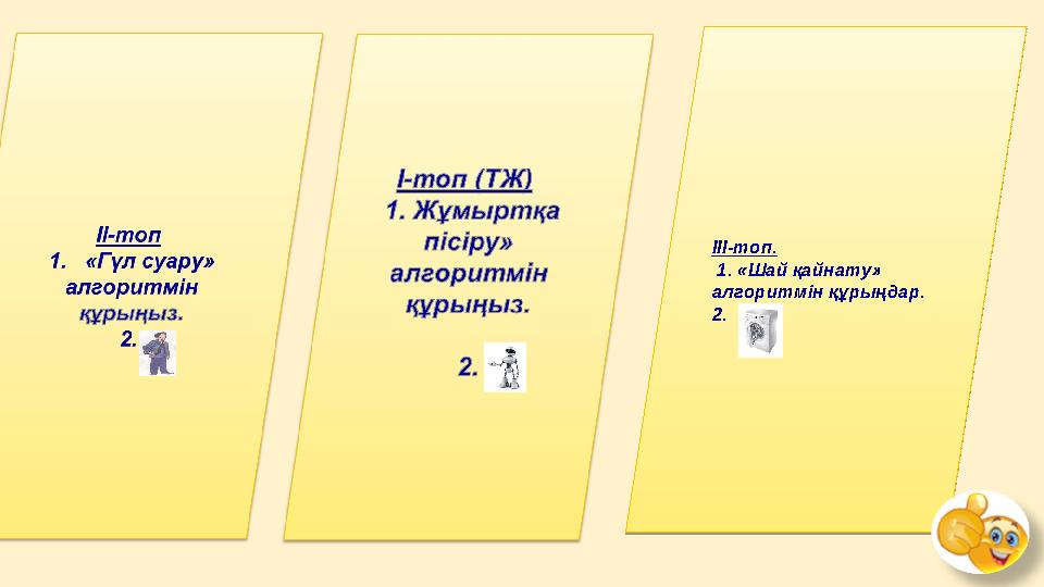 ІІІ-топ. 1. «Шай қайнату» алгоритмін құрыңдар. 2. ІІІ-топ. 1. «Шай қайнату» алгоритмін құрыңдар. 2.