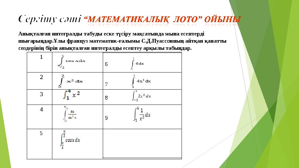 Анықталған интегралды табуды еске түсіру мақсатында мына есептерді шығарыңдар.Ұлы француз математик-ғалымы С.Д.Пуассонның айтқа