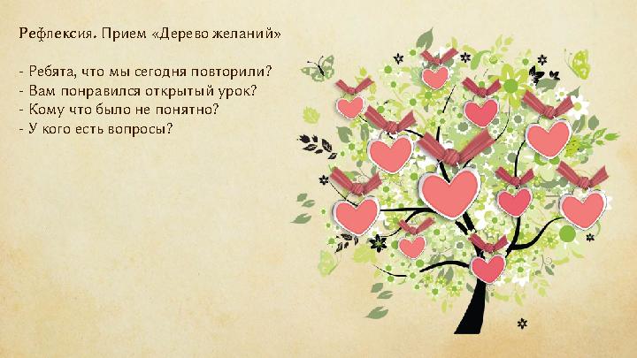 Рефлексия. Прием «Дерево желаний» - Ребята, что мы сегодня повторили? - Вам понравился открытый урок? - Кому что было не понятн