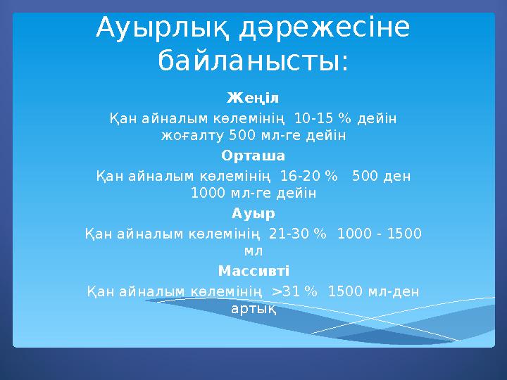 Ауырлық дәрежесіне байланысты: Жеңіл Қан айналым көлемінің 10-15 % дейін жоғалту 500 мл-ге дейін Орташа Қан айналым көлемінің