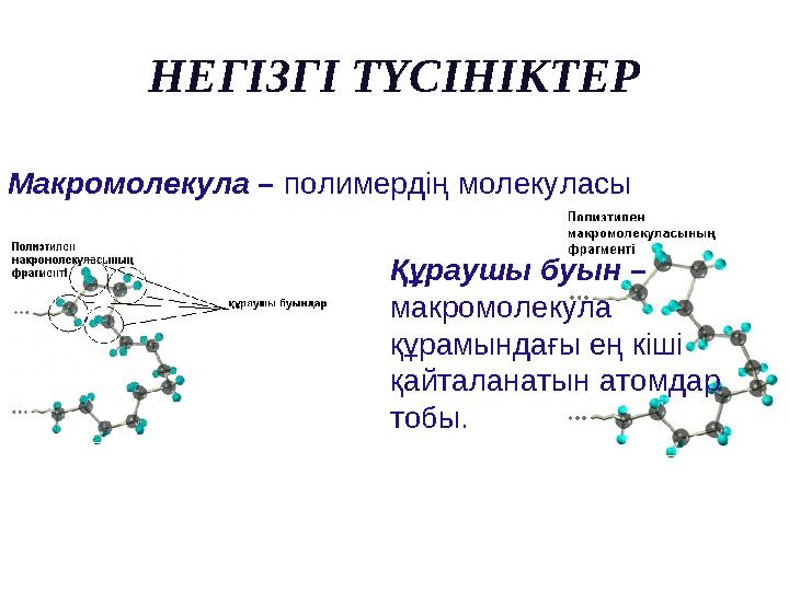 НЕГІЗГІ ТҮСІНІКТЕР Макромолекула – полимердің молекуласы Құраушы буын – макромолекула құрамындағы ең кіші қайталанатын атомд