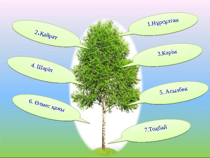 2.Қ ай рат 4. Ш әріп 6. Ө лм ес қаж ы 1.Н ұрсұлтан 3.К әрім 5. А сы лб ек 7.Т оқб ай2.Қ ай рат 4. Ш әріп 6. Ө лм ес қаж ы