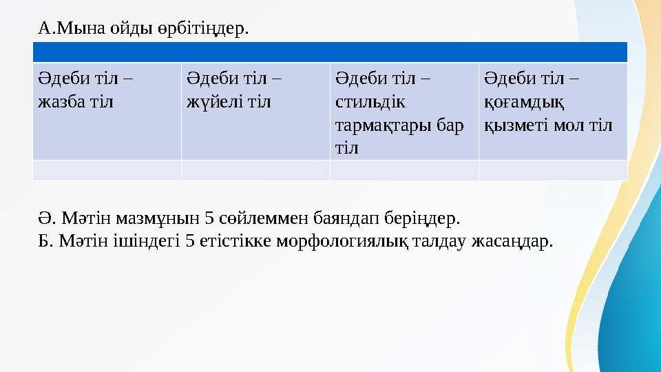 А.Мына ойды өрбітіңдер. Әдеби тіл – жазба тіл Әдеби тіл – жүйелі тіл Әдеби тіл – стильдік тармақтары бар тіл Әдеби тіл – қ