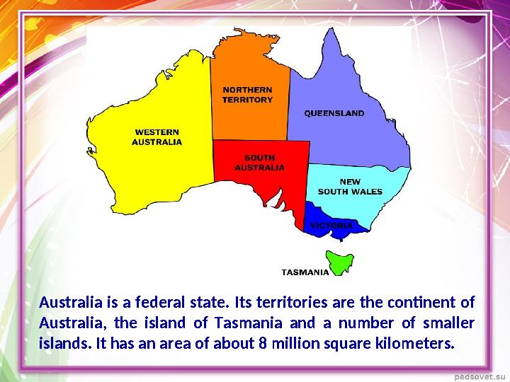 Australia is a federal state. Its territories are the continent of Australia, the island of Tasmania and a number of s
