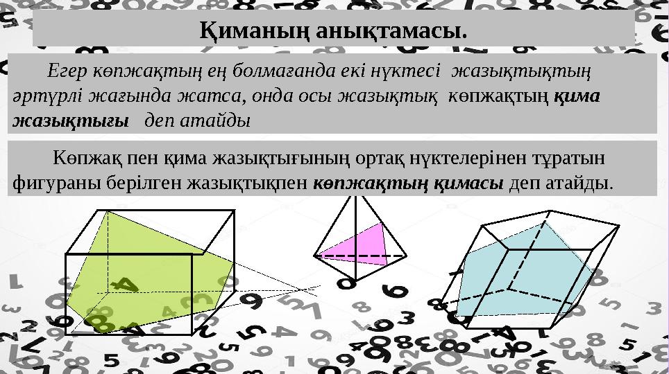 Қиманың анықтамасы. Егер көпжақтың ең болмағанда екі нүктесі жазықтықтың әртүрлі жағында жатса, онда осы жазықтық к өпжақтың