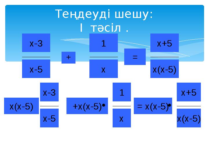 Теңдеуді шешу: I тәсіл . + х-3 х-5 х-3 х-5 1 х х+5 х(х-5)= 1 х х+5 х(х-5)= х(х-5)х(х-5) +х(х-5) +х-3 х-5 1 х