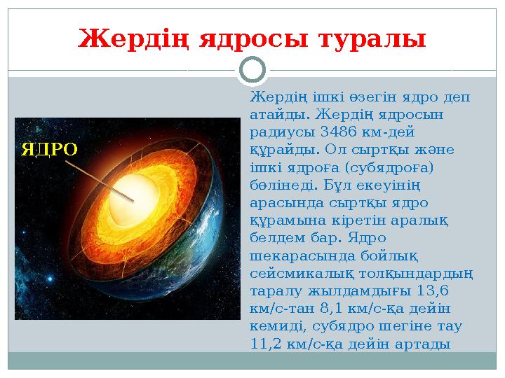 Жердің ядросы туралы Жердің ішкі өзегін ядро деп атайды. Жердің ядросын радиусы 3486 км-дей құрайды. Ол сыртқы және ішкі ядр