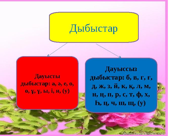 Дыбыстар Дауысты дыбыстар: а, ә, е, о, ө, ұ, ү, ы, і, и, (у) Дауыссыз дыбыстар: б, в, г, ғ, д, ж, з, й, к, қ, л, м, н, ң, п