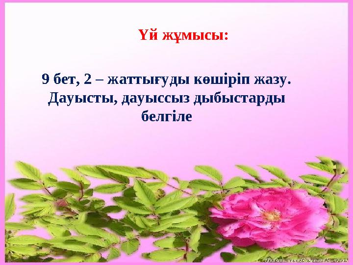Үй жұмысы: 9 бет, 2 – жаттығуды көшіріп жазу. Дауысты, дауыссыз дыбыстарды белгіле