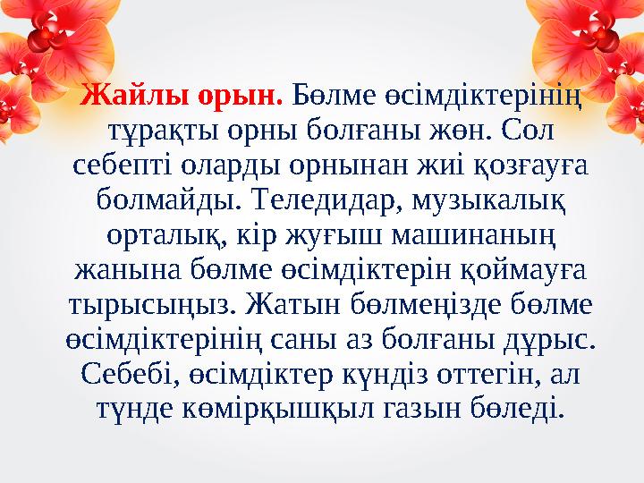 Жайлы орын. Бөлме өсімдіктерінің тұрақты орны болғаны жөн. Сол себепті оларды орнынан жиі қозғауға болмайды. Теледидар, муз