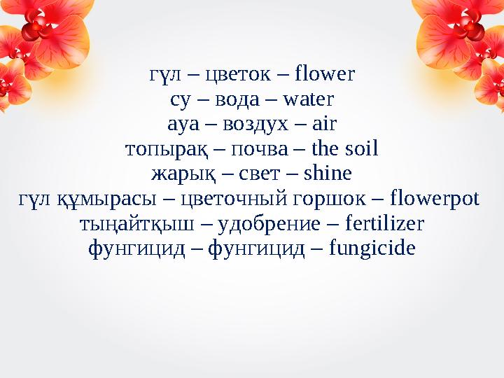 гүл – цветок – flower су – вода – water ауа – воздух – air топырақ – почва – the soil жарық – свет – shine гүл құмырасы – ц