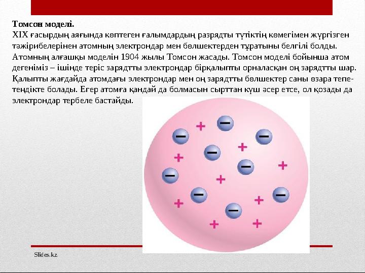 Slides.kzТомсон моделі. ХІХ ғасырдың аяғында көптеген ғалымдардың разрядты түтіктің көмегімен жүргізген тәжірибелерінен атомның