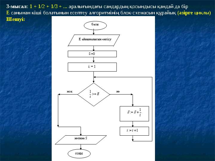 3-мысал : 1 + 1/2 + 1/3 + ... аралығындағы сандардың қосындысы қандай да бір Е санынан кіші болатынын есептеу алгоритмінің б