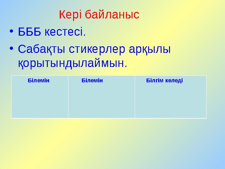 Кері байланыс • БББ кестесі. • Сабақты стикерлер арқылы қорытындылаймын. Білемін Білемін