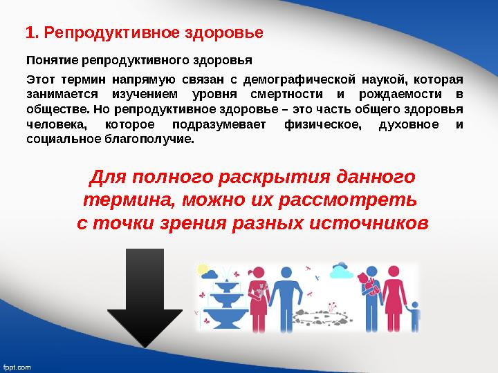 1. Репродуктивное здоровье Понятие репродуктивного здоровья Этот термин напрямую связан с демографической наукой, которая