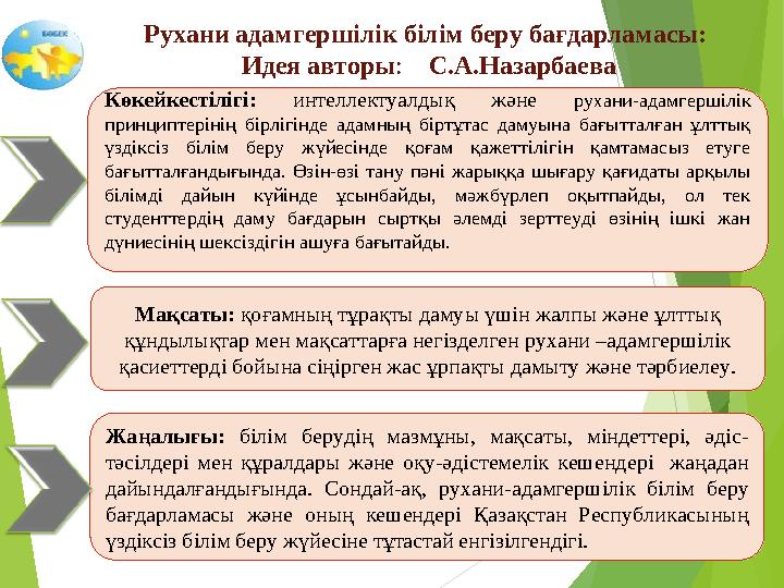 Көкейкестілігі: интеллектуалдық және рухани-адамгершілік принциптерінің бірлігінде адамның біртұтас дамуына бағытталға