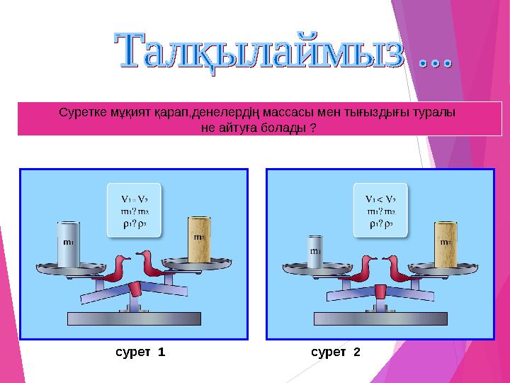 Суретке мұқият қарап,денелердің массасы мен тығыздығы туралы не айтуға болады ? сур ет 1 сурет 2