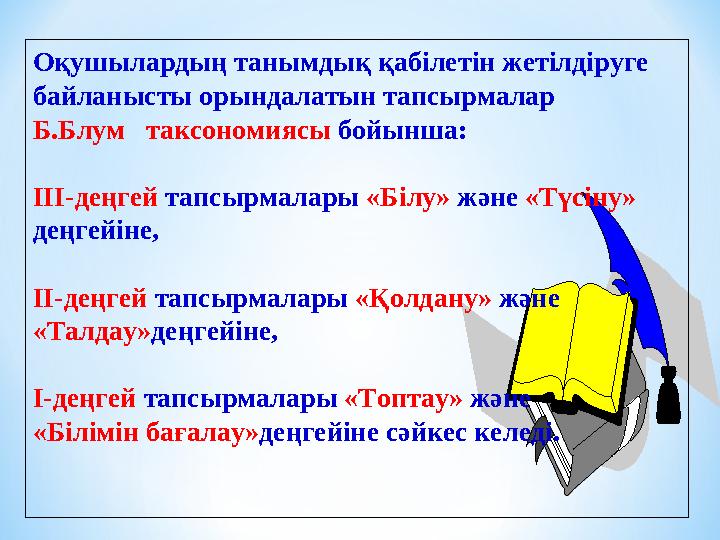 Оқушылардың танымдық қабілетін жетілдіруге байланысты орындалатын тапсырмалар Б.Блум таксономиясы бойынша: ІІІ-деңгей тапс