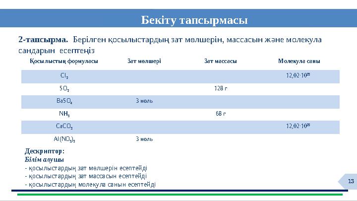 13Бекіту тапсырмасы 2-тапсырма. Берілген қосылыстардың зат мөлшерін, массасын және молекула сандарын есептеңіз Дескриптор: