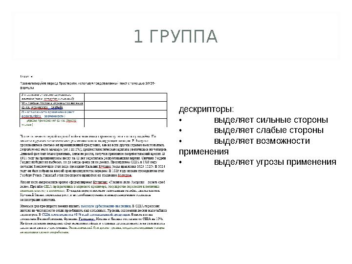 1 ГРУППА дескрипторы: • выделяет сильные стороны • выделяет слабые стороны • выделяет возможности применения • выделяет угрозы