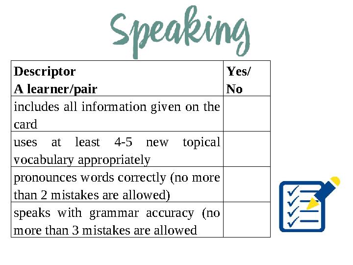 Descriptor A learner/pair Yes/ No includes all information given on the card uses at least 4-5 new topical vocabular