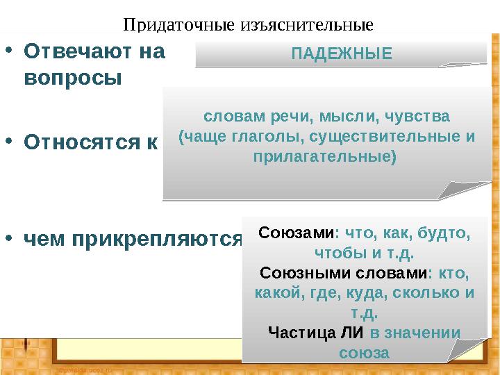 Придаточные изъяснительные • Отвечают на вопросы • Относятся к • чем прикрепляются ПАДЕ