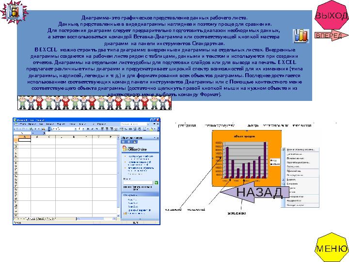 ВЫХОДДиаграмма- это графическое представление данных рабочего листа. Данные, представленные в виде диаграммы нагляднее и поэтом