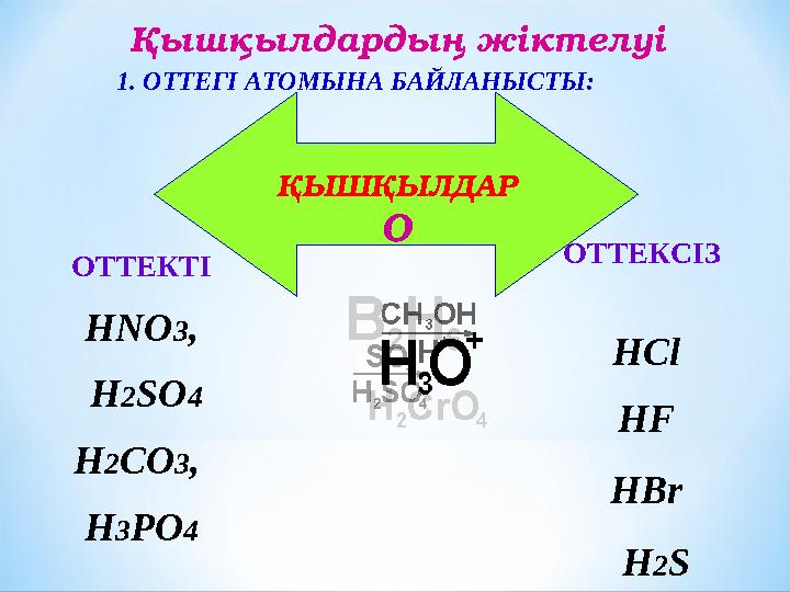 Қышқылдардың жіктелуі ОТТЕКСІЗ HCl HF HBr H 2 S 1. ОТТЕГІ АТОМЫНА БАЙЛАНЫСТЫ: ОТТЕКТІ HNO 3 , H