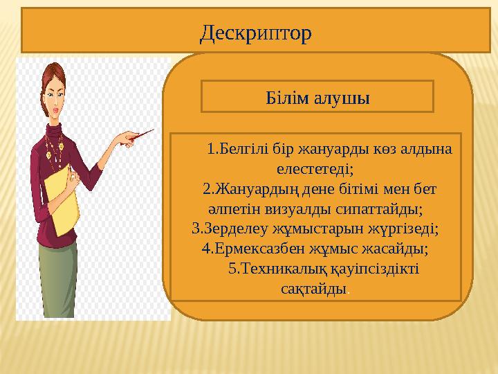 Дескриптор Білім алушы 1.Белгілі бір жануарды көз алдына елестетеді; 2.Жануардың дене бітімі мен бет әлпетін визуал