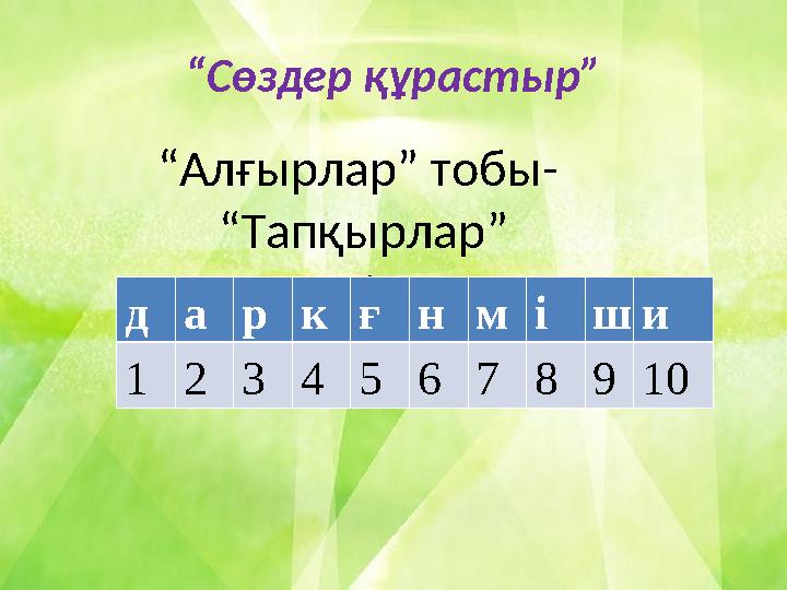 “ Сөздер құрастыр” “ Алғырлар” тобы- “ Тапқырлар” тобы- д а р к ғ н м і ш и 1 2 3 4 5 6 7 8 9 10