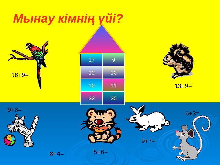 Мынау кімнің үйі? 17 9 12 10 16 11 2522 9+8 = 6+3= 8+4= 9+7= 5+6= 13+9=16+9=