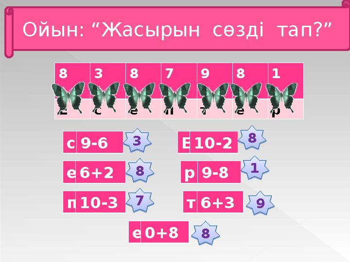 Ойын: “Жасырын сөзді тап?” 8 3 8 7 9 8 1 Е с е п т е р с 9-6 Е 10-2 р 9-8 е 0+8е 6+2 п 10-3 т 6+33 8 7 8 1 9 8 3 8