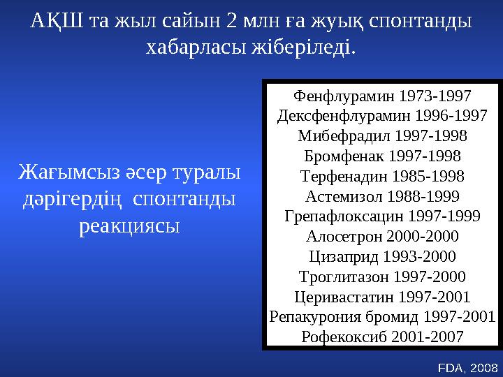 FDA, 2008АҚШ та жыл сайын 2 млн ға жуық спонтанды хабарласы жіберіледі. Фенфлурамин 1973-1997 Дексфенфлурамин 1996-1997 Мибефр