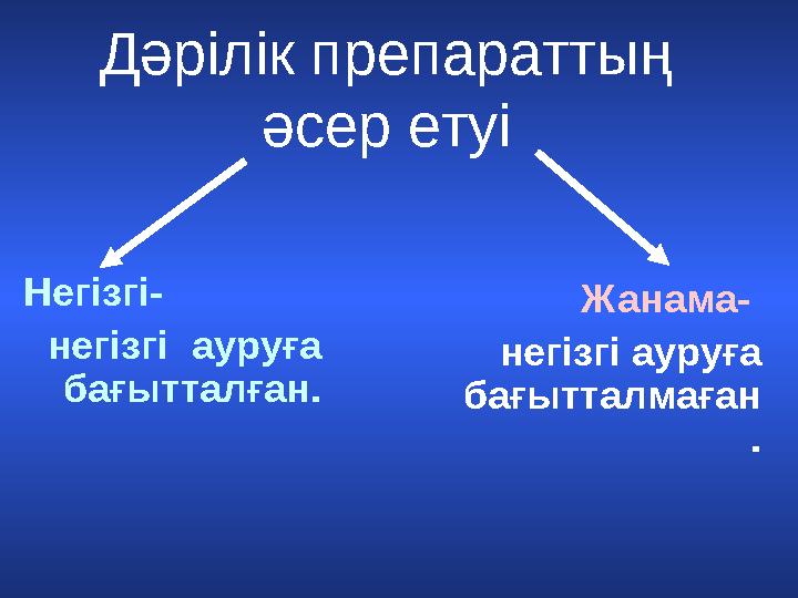 Дәрілік препараттың әсер етуі Негізгі- негізгі ауруға бағытталған. Жанама- негізгі ауруға бағытталмаған .