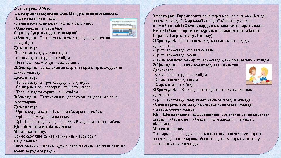 2-тапсырма. 37-бет Тапсырманы дауыстап оқы. Не туралы екенін анықта. «Бірге ойлаймыз» әдісі - Қандай қоғамдық көлік түрлері