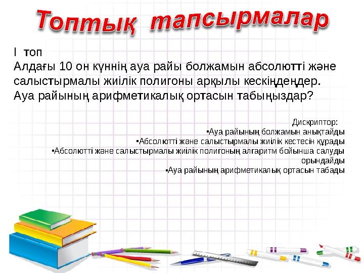 I топ Алдағы 10 он күннің ауа райы болжамын абсолютті және салыстырмалы жиілік полигоны арқылы кескіңдеңдер. Ауа райының ари