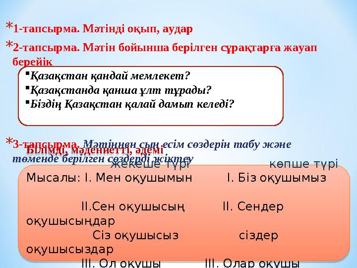 * 1-тапсырма. Мәтінді оқып, аудар * 2-тапсырма. Мәтін бойынша берілген сұрақтарға жауап берейік * 3-тапсырма. Мәтіннен сын есі