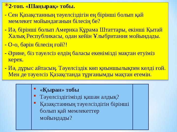 * 2-топ. «Шаңырақ» тобы. - Сен Қазақстанның тәуелсіздігін ең бірінші болып қай мемлекет мойындағанын білесің бе? - Иә, бірінші