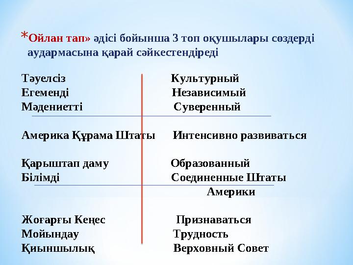 * Ойлан тап» әдісі бойынша 3 топ оқушылары сөздерді аудармасына қарай сәйкестендіреді Тәуелсіз