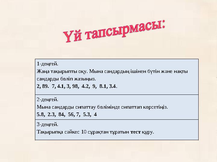 1-деңгей. Жаңа тақырыпты оқу. Мына сандардың ішінен бүтін және нақты сандарды бөліп жазыңыз. 2, 89. 7, 4.1, 3, 98, 4.2, 9,
