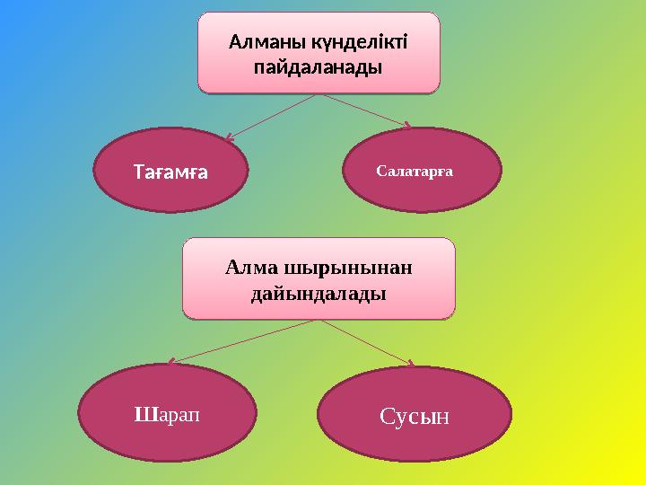 Алманы күнделікті пайдаланады Тағамға Салатарға Алма шырынынан дайындалады Ш арап СусынАлманы күнделікті пайдаланады Алма ш