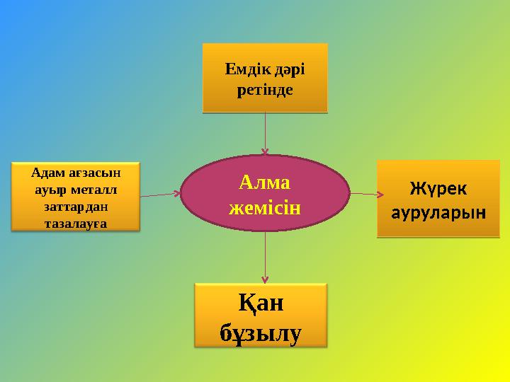 Алма жемісінАдам ағзасын ауыр металл заттардан тазалауға Емдік дәрі ретінде Жүрек ауруларын Қан бұзылуЕмдік дәрі ретінде