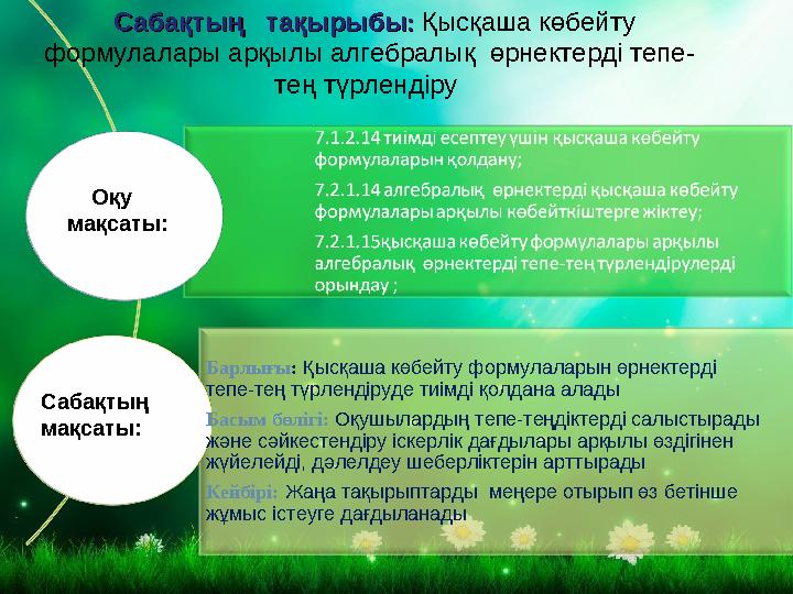 Сабақтың мақсаты: Сабақтың тақырыбыСабақтың тақырыбы :: Қысқаша көбейту формулалары арқылы