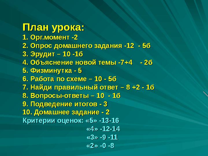План урока:План урока: 1. Орг.момент -21. Орг.момент -2 2. Опрос домашнего задания -12 - 5б2. Опро